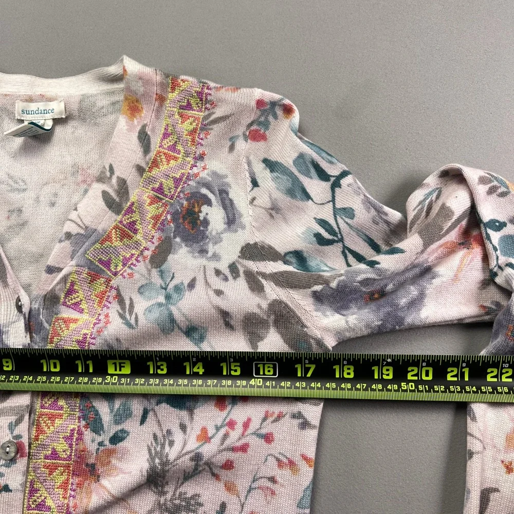 Sundance Cardigan Sweater Womens XS Multicolor Floral Cotton Ribbed Knit V Neck